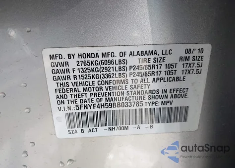 2011 Honda Pilot Ex-L из США, поврежденный, VIN 5FNYF4H59BB033785